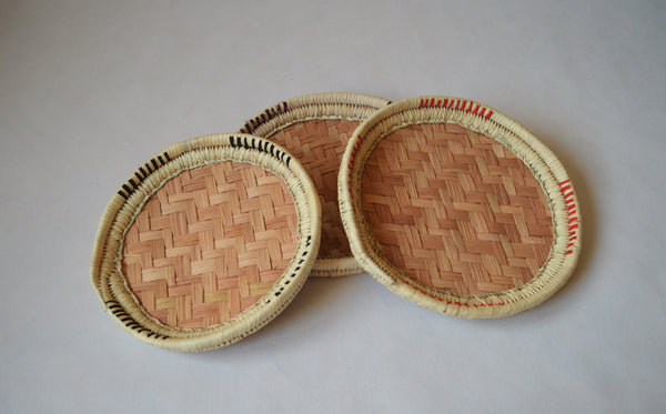Unique round palm straw tray (with fabric decoration)