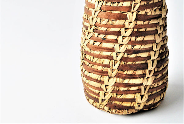 Moroccan rustic basket, Leather & palm leaf jewelry pot