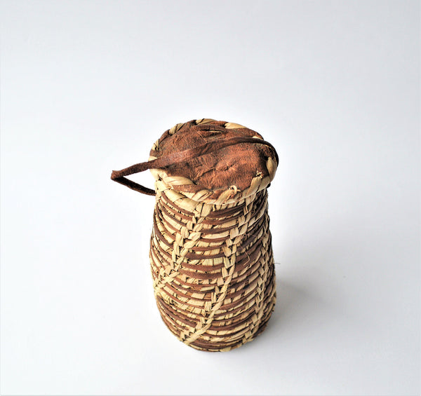 Moroccan rustic basket, Leather & palm leaf jewelry pot