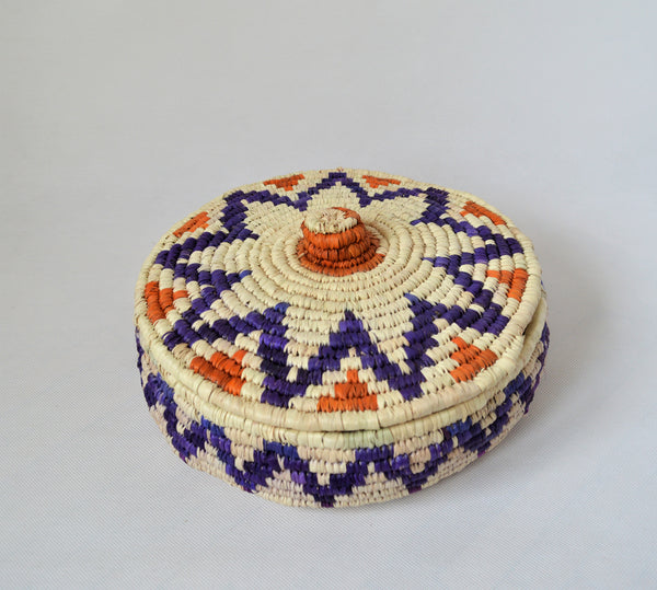 Nubian lidded fruit bowl, African basket blue star