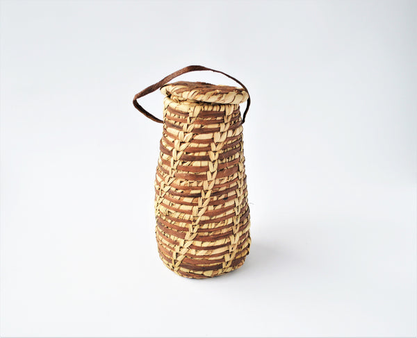 Moroccan rustic basket, Leather & palm leaf jewelry pot