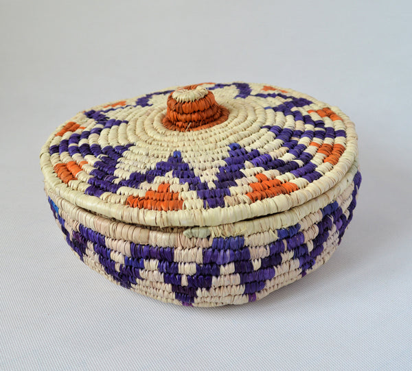 Nubian lidded fruit bowl, African basket blue star