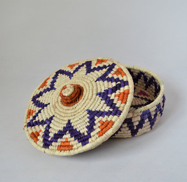 Nubian lidded fruit bowl, African basket blue star