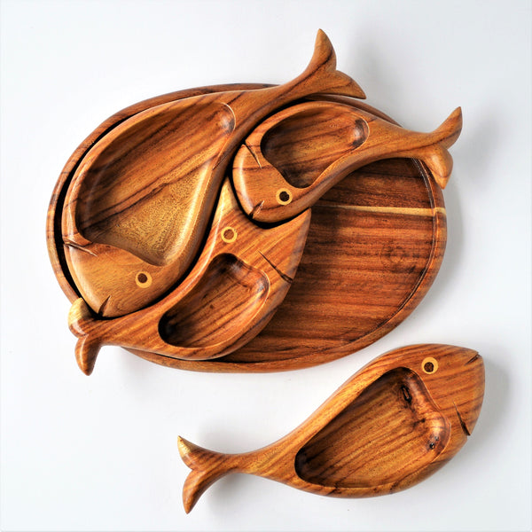 Hand carved 4 fish snacks platter Decorative mid century style