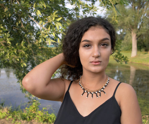Mexican style necklace, braided leather with black and white beads