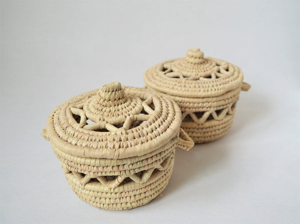 Round woven decor basket, Decorative bowl with lid Arabic design
