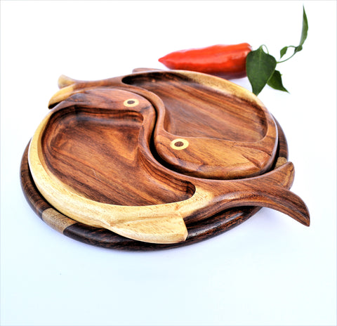 Double fish hand-carved platter 10"