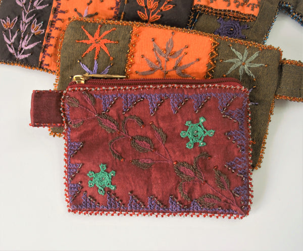Red hand embroidered purse, Beaded Boho wallet