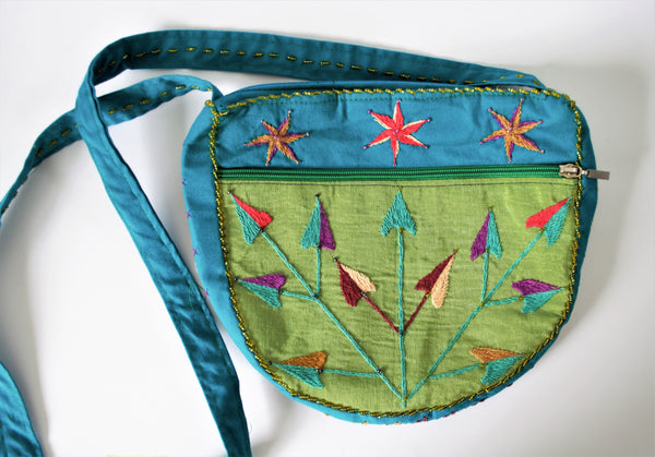 Green BOHO woman bag, Simple bag hand embroidered, Green clutch