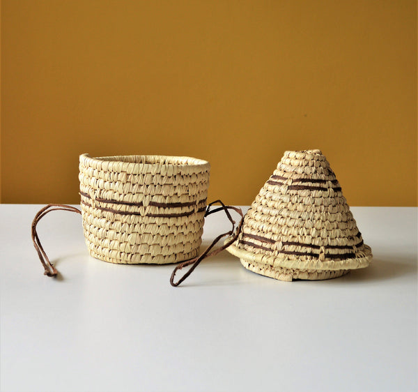 Woven palm leaf basket, Straw and leather wicker