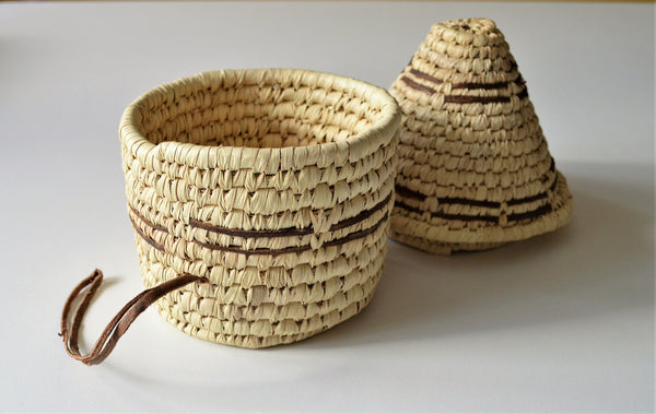 Woven palm leaf basket, Straw and leather wicker