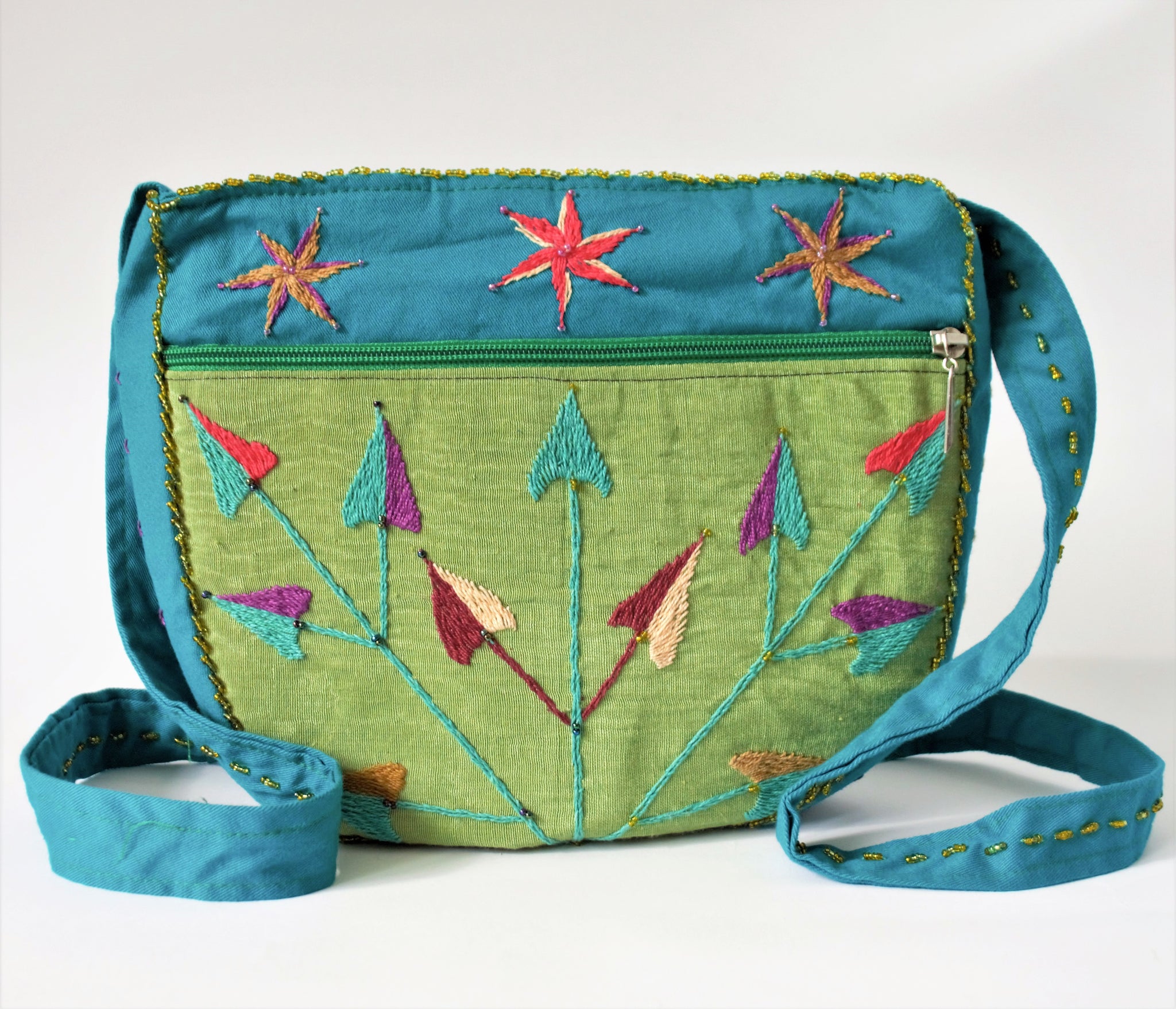 Green BOHO woman bag, Simple bag hand embroidered, Green clutch
