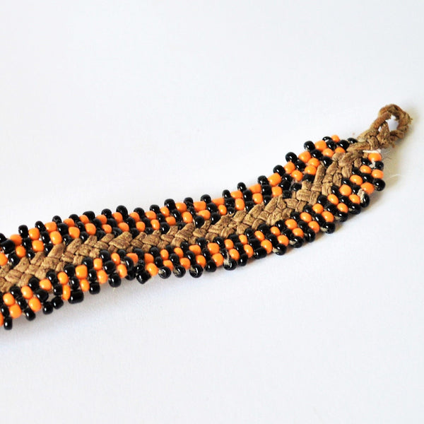 Leather bracelet orange and black beads, Boho friendship bracelet, Woven leather bracelet
