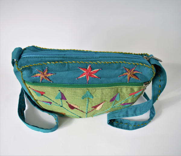 Green BOHO woman bag, Simple bag hand embroidered, Green clutch