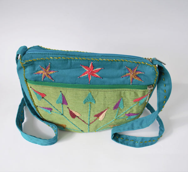Green BOHO woman bag, Simple bag hand embroidered, Green clutch