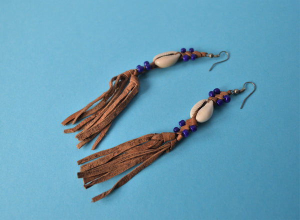 Boho earrings natural leather blue beads seashells