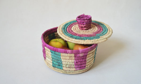 Woven container with lid, Colorful traditional basket