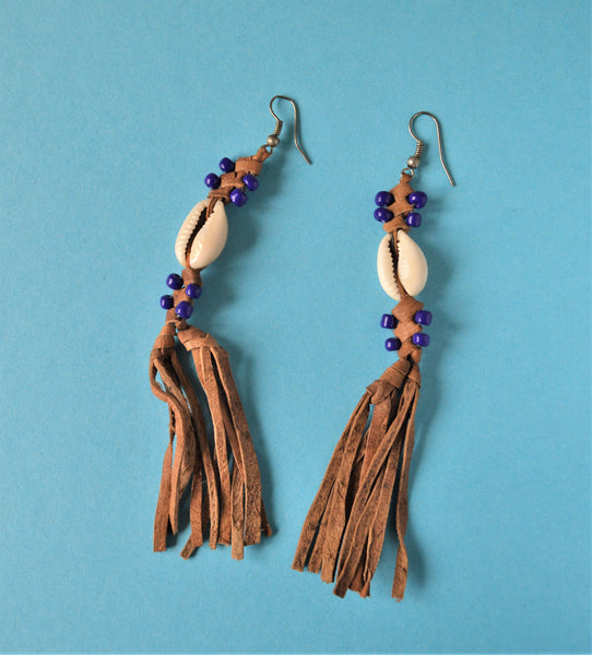 Boho earrings natural leather blue beads seashells
