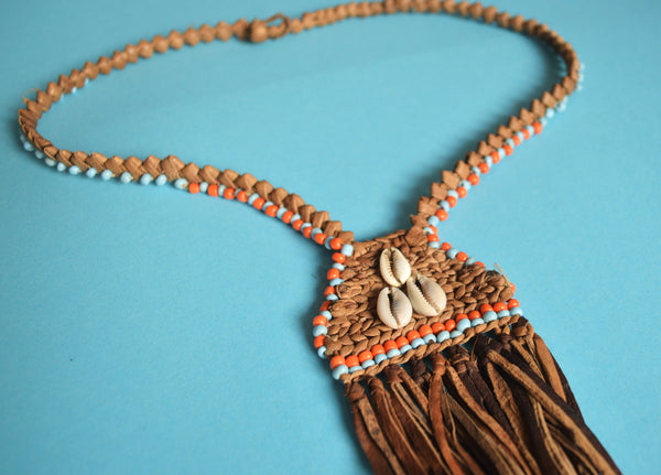 African leather necklaces, Ethnic Egyptian jewelry, Gypsy seashell necklace