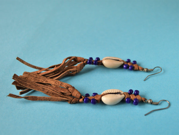 Boho earrings natural leather blue beads seashells