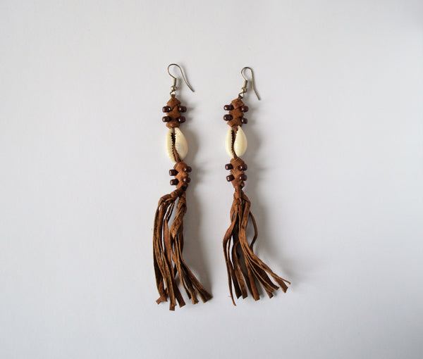 Dangling leather earrings brown beads, African boho earrings