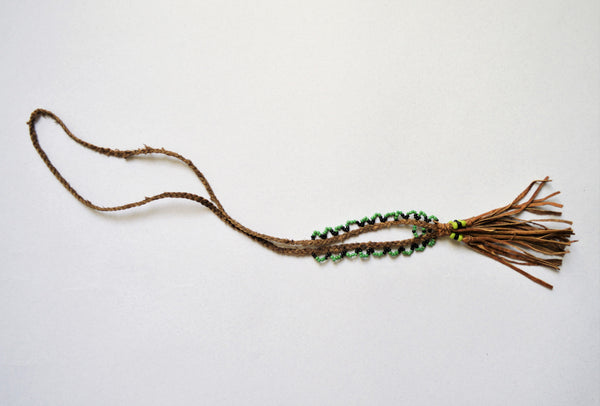 Braided leather necklace, Brown leather green beads, Bohemian tassel necklace