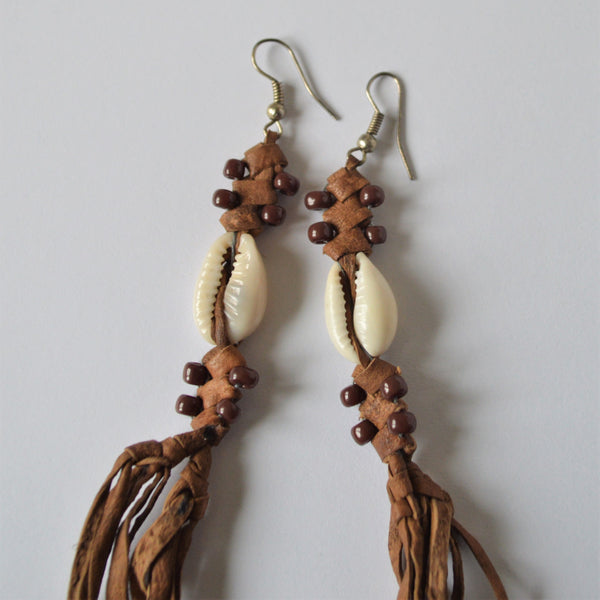 Dangling leather earrings brown beads, African boho earrings