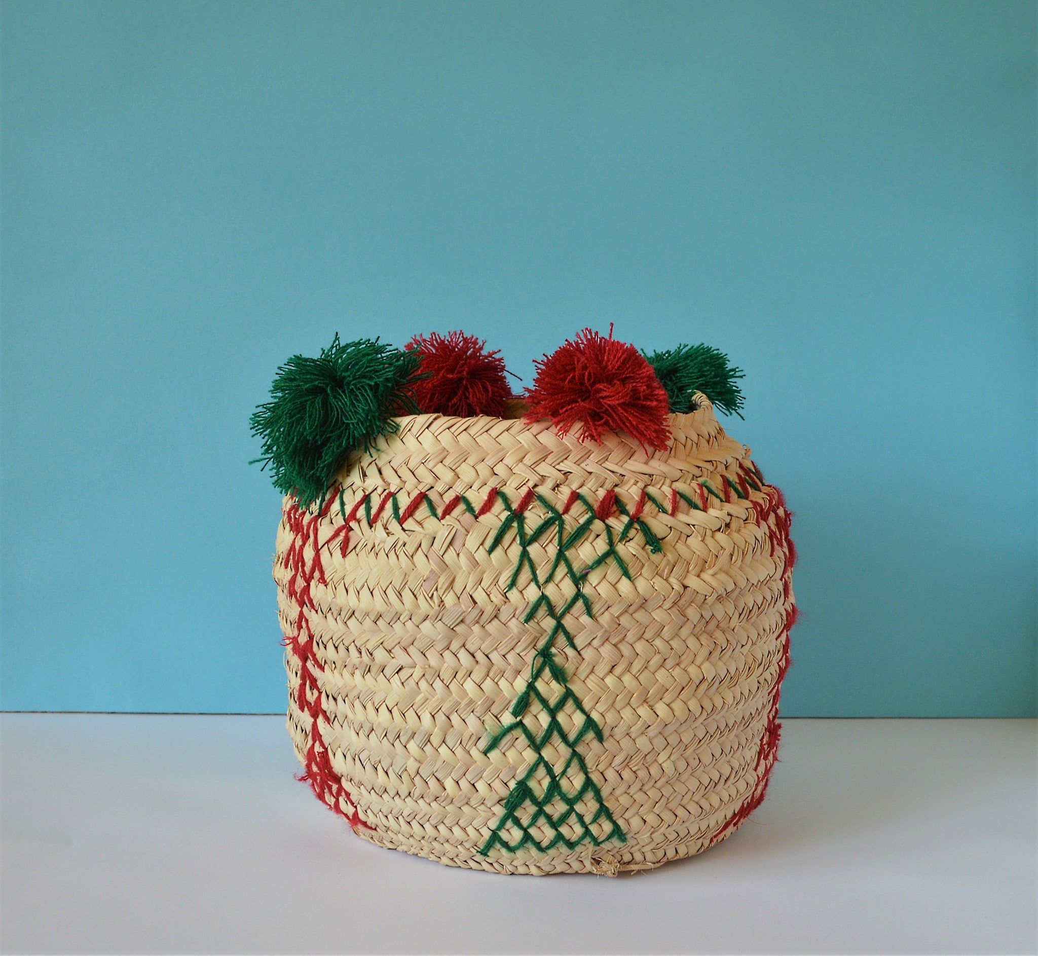 Handmade belly basket, Embroidered woven basket