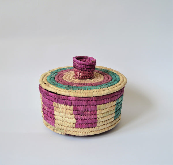 Woven container with lid, Colorful traditional basket