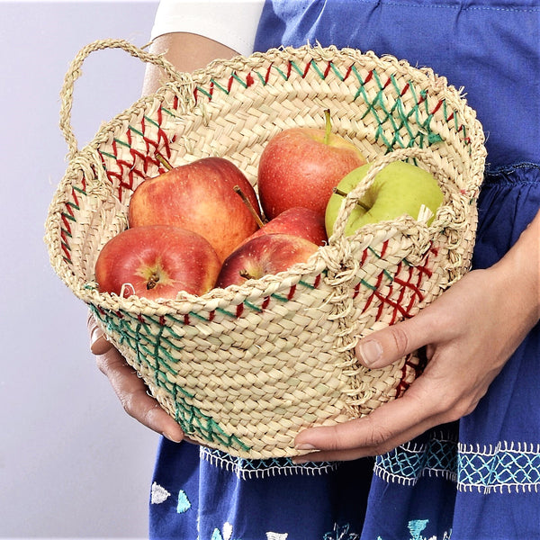 Palm leaf embroidered basket, decorative wicker bowl