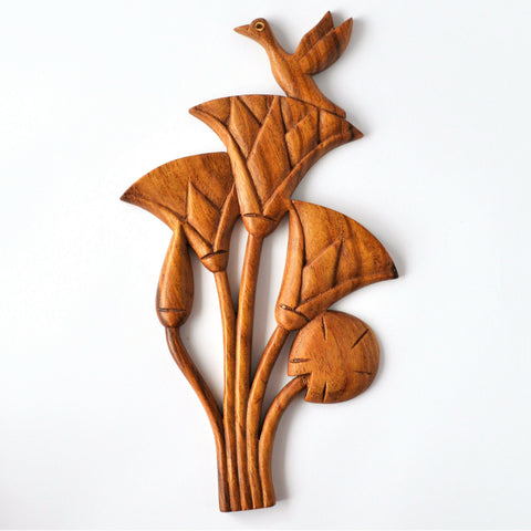 Hand-carved Bird on Lotus flower wood decor