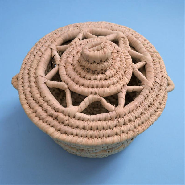 Round woven decor basket, Decorative bowl with lid Arabic design