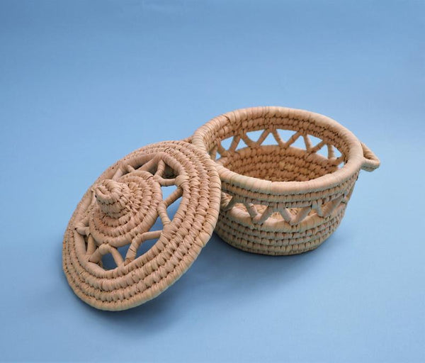 Round woven decor basket, Decorative bowl with lid Arabic design