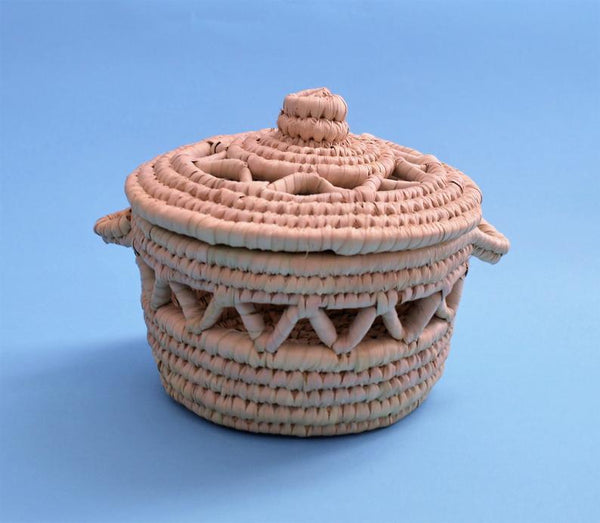 Round woven decor basket, Decorative bowl with lid Arabic design