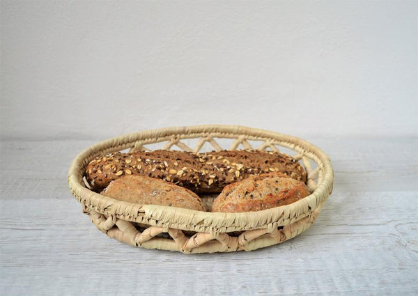 Hand woven bread basket, Boho platter, Egyptian palm baskets