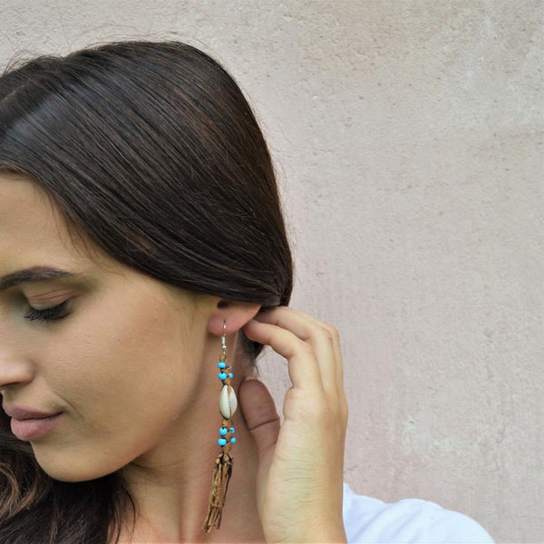 Boho leather drop earrings (light blue beads)