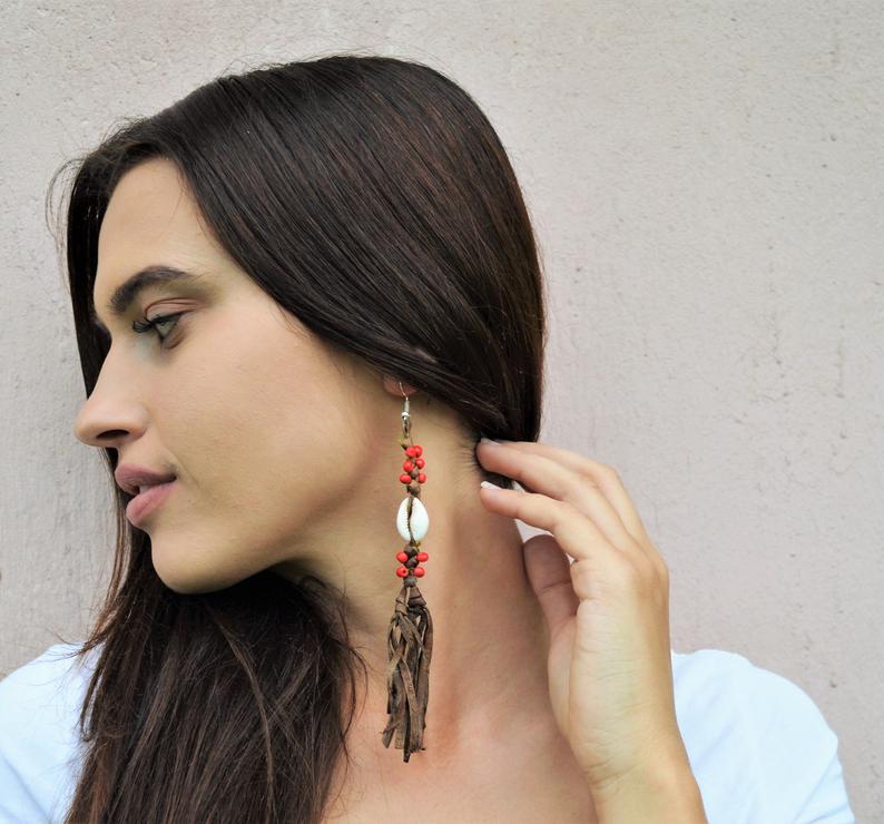 Dangling leather earrings brown beads, African boho earrings