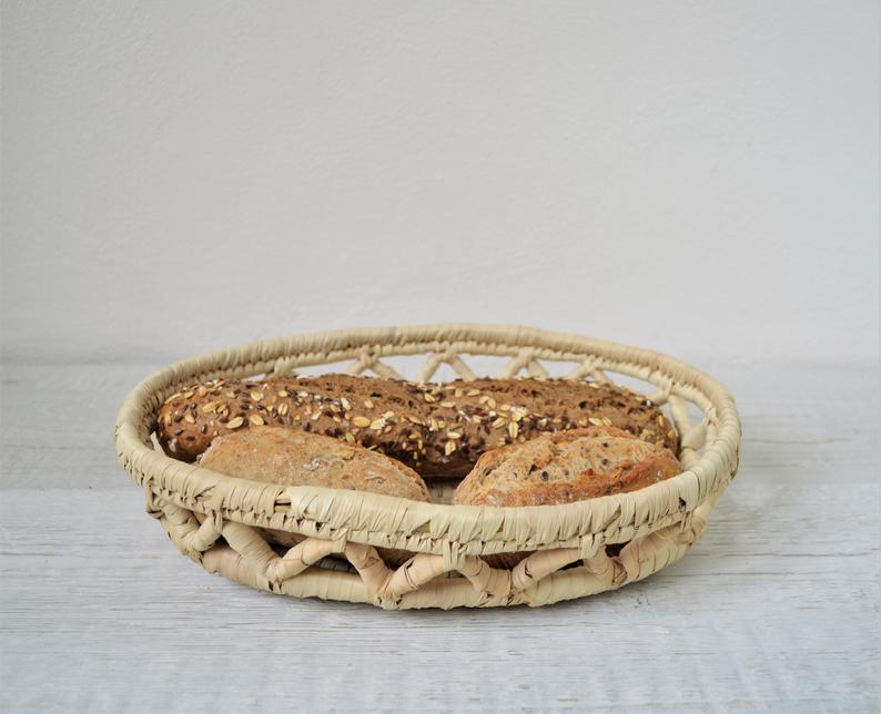 Hand woven bread basket, Boho platter, Egyptian palm baskets