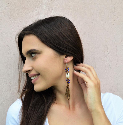 Boho earrings natural leather blue beads seashells