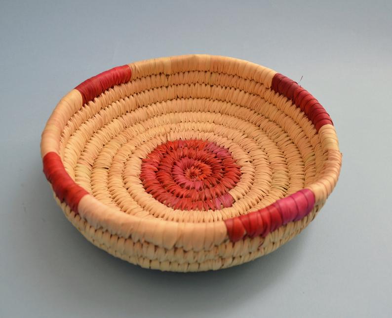 Round palm leaf plate small size red color