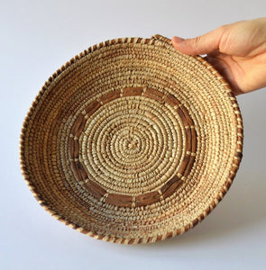 Egyptian woven African plate, Palm leaf woven basket with natural leather
